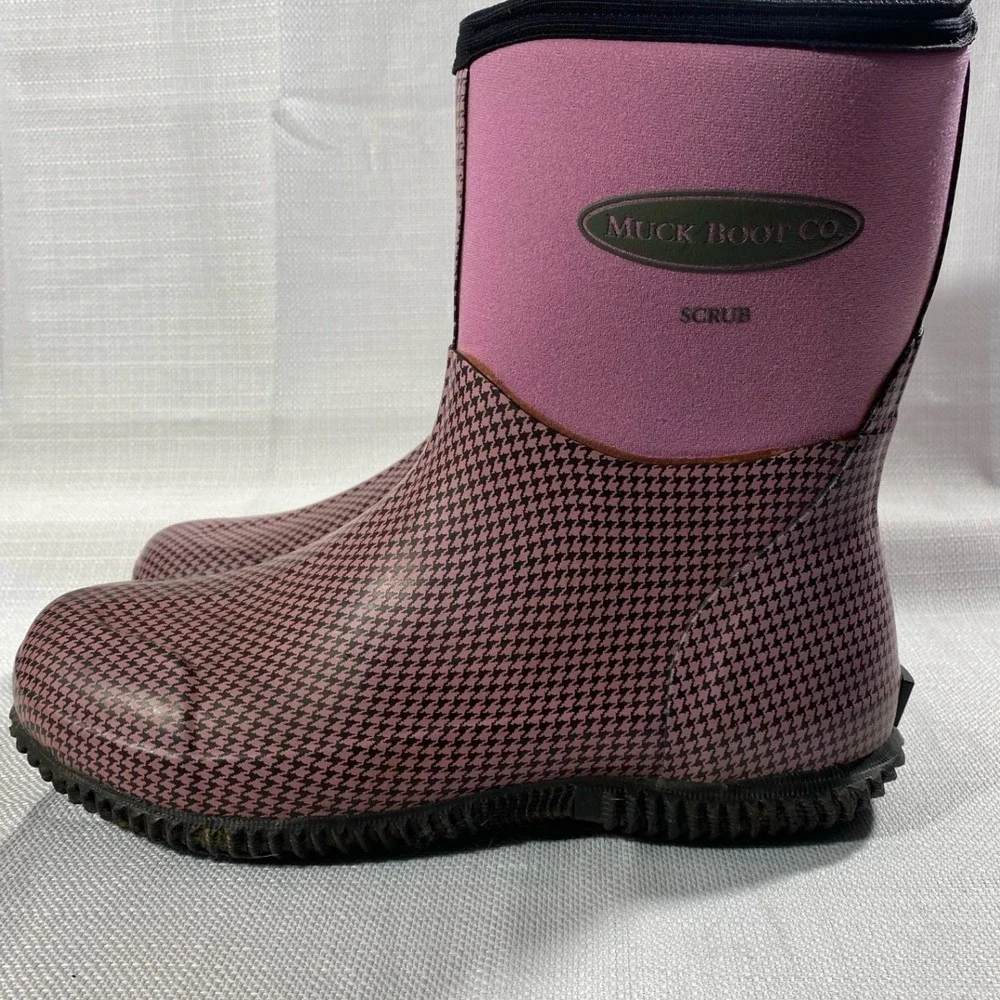 Muck Boot  Scrub Womens 9 9.5 Pink Houndstooth Neoprene Rubber  Mid Boots